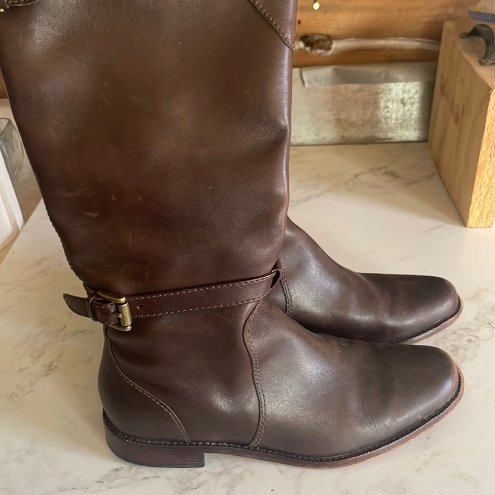 LL Bean Harness Boots Womens 11M Brown Leather Knee High Riding Shoes Zip Up